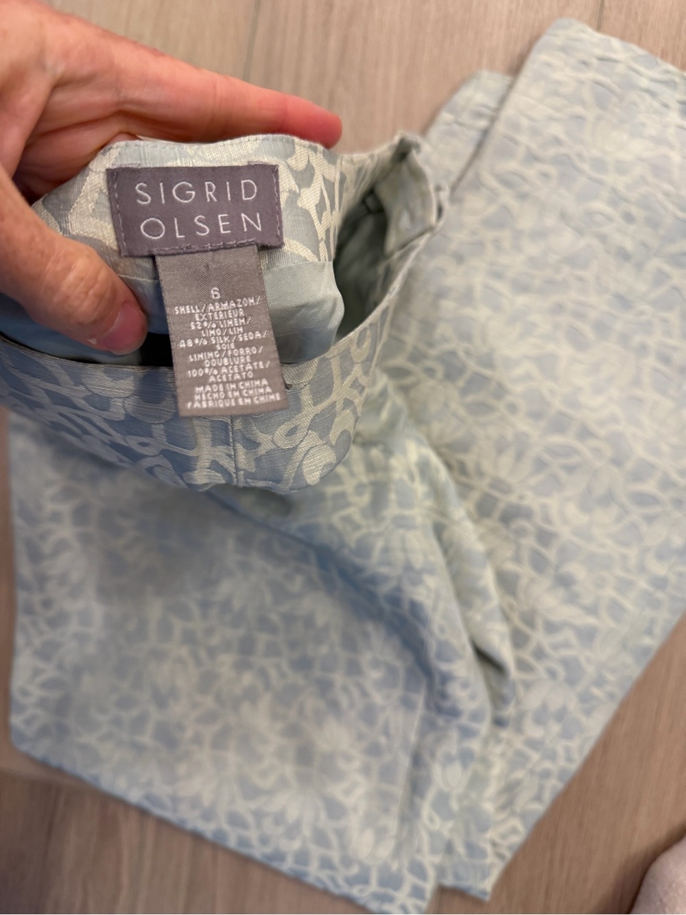 Sigrid Olsen Linen/Silk Pale Blue Floral Jacquard Pants